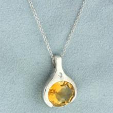 Citrine And Diamond Necklace In 14k White Gold