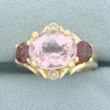 Morganite, Garnet, And Diamond Ring In 14k Yellow Gold