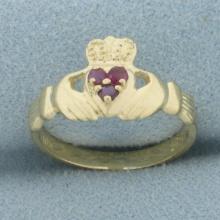 Ruby Claddagh Ring In 10k Yellow Gold