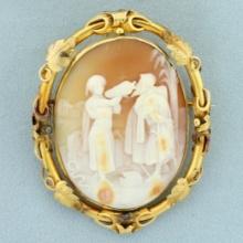 Antique Rotating Bible Scene Cameo Pin Brooch In 14k Yellow Gold