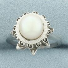 Vintage Cultured Akoya Pearl Crown Ring In 14k White Gold