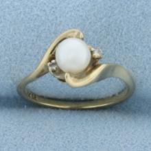 Cultured Pearl And Diamond Ring In 10k Yellow Gold