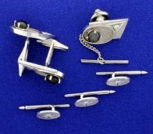 Diamond And Star Sapphire Cufflinks, Tie Tack, And Tuxedo Stud Set In 14k White Gold