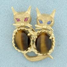 Tigers Eye Siamese Cat Pin In 14k Yellow Gold