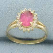 Morganite And Diamond Halo Princess Diana Ring In 14k Yellow Gold