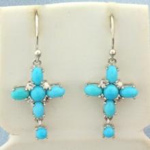 Cross Sleeping Beauty Turquoise Dangle Earrings In Sterling Silver