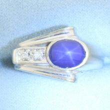 Star Sapphire And Diamond Retro Era Ring In 14k White Gold