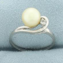 Cultured Pearl And Cz Ring In 10k White Gold