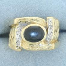 Natural Black Star Sapphire And Diamond Ring In 14k Yellow Gold