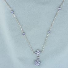 Tanzanite And Diamond Flower Design Necklace In 14k White Gold