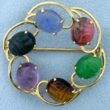 Vintage Hand Carved Scarab Pin In 14k Yellow Gold