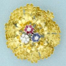 Designer Ruby, Sapphire And Diamond Flower Pin In 18k Yellow Gold