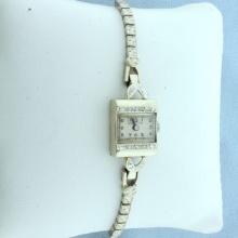 Vintage Womens Hampden Diamond Watch In Solid 14k White Gold