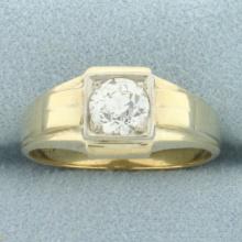 Mens Antique Old European Diamond Solitaire Ring In 10k Yellow Gold