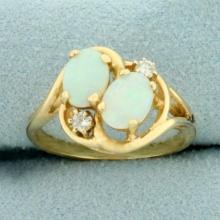 Double Opal And Diamond Ring In 14k Yellow Gold