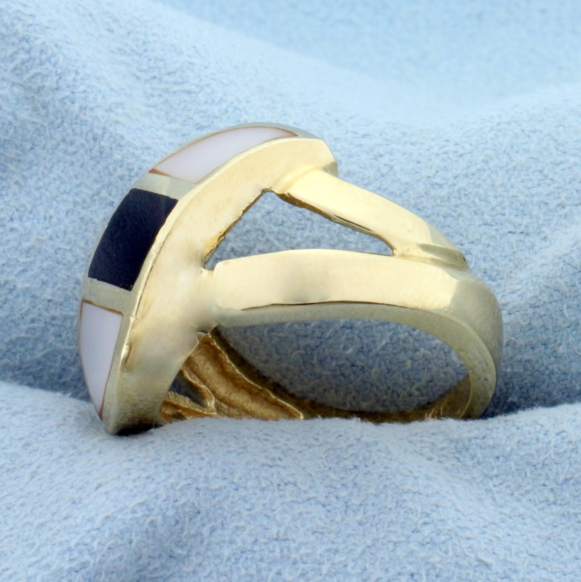 Mother Of Pearl And Onyx Ring In 14k Yellow Gold