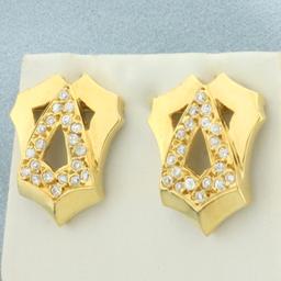 Unique Abstract Designer Cz Earrings In 18k Yellow Gold