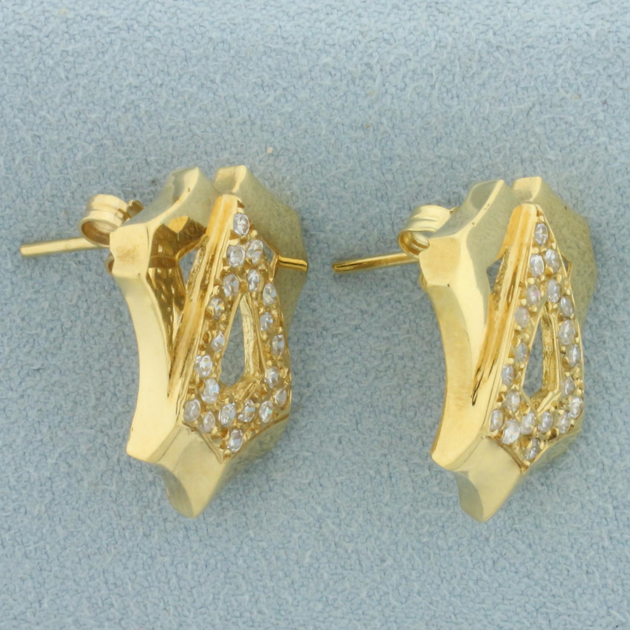 Unique Abstract Designer Cz Earrings In 18k Yellow Gold