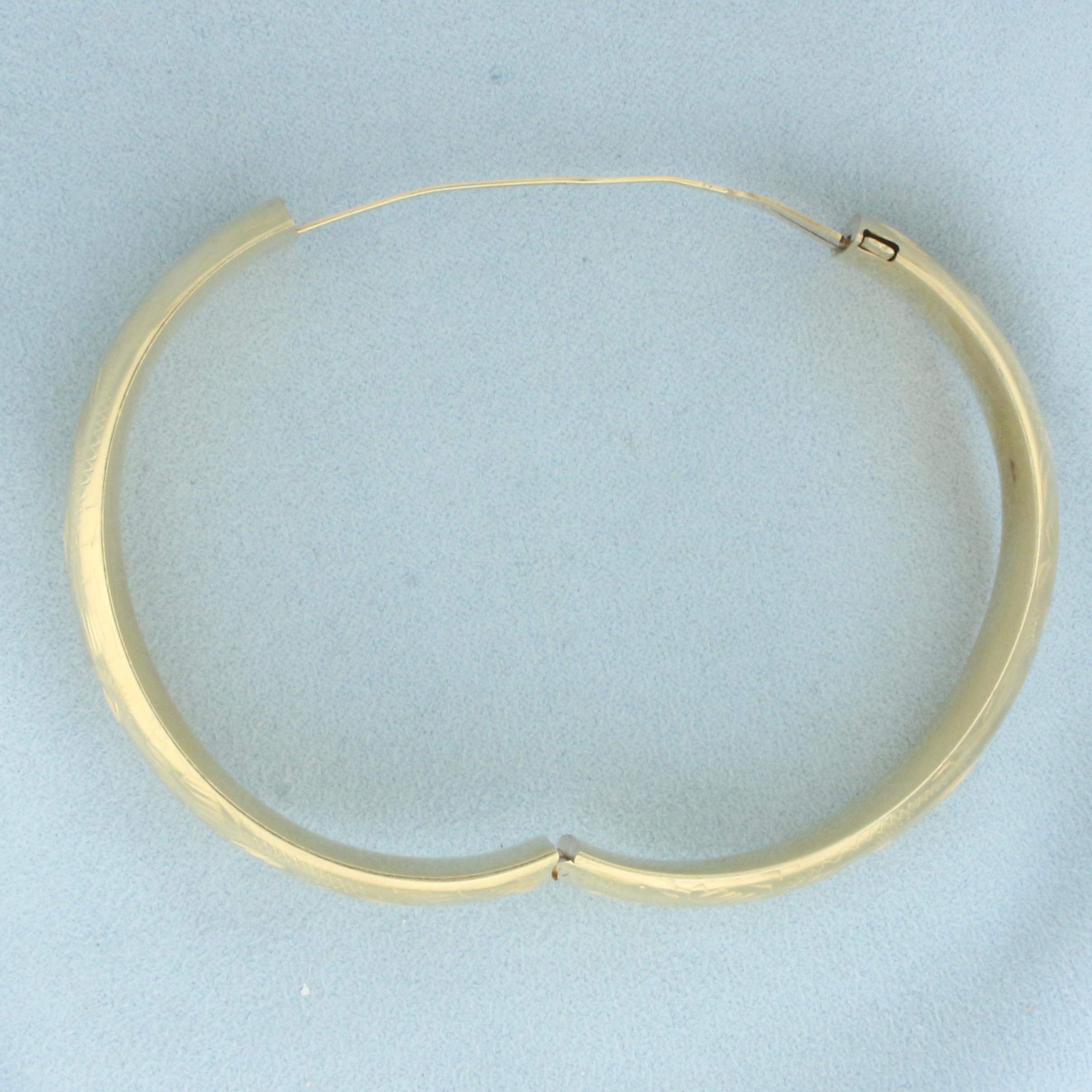 Engraved Hinged Wide Bangle Bracelet In 14k Yellow Gold