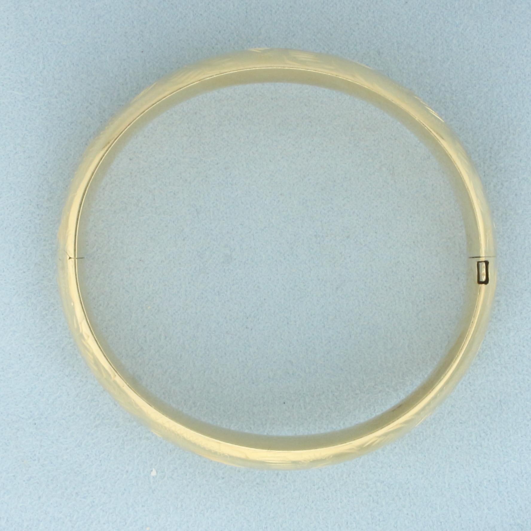Engraved Hinged Wide Bangle Bracelet In 14k Yellow Gold