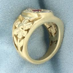 Antique Old European Diamond And Ruby Flower Ring In 14k Yellow Gold