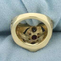 Antique Old European Diamond And Ruby Flower Ring In 14k Yellow Gold