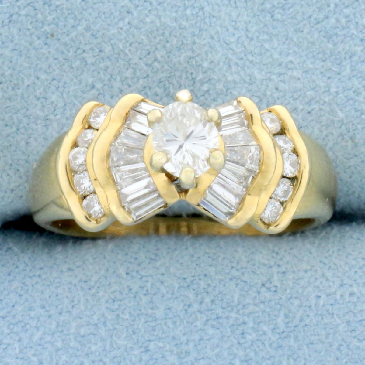 Oval Baguette And Round Diamond Engagement Ring In 14k Yellow Gold