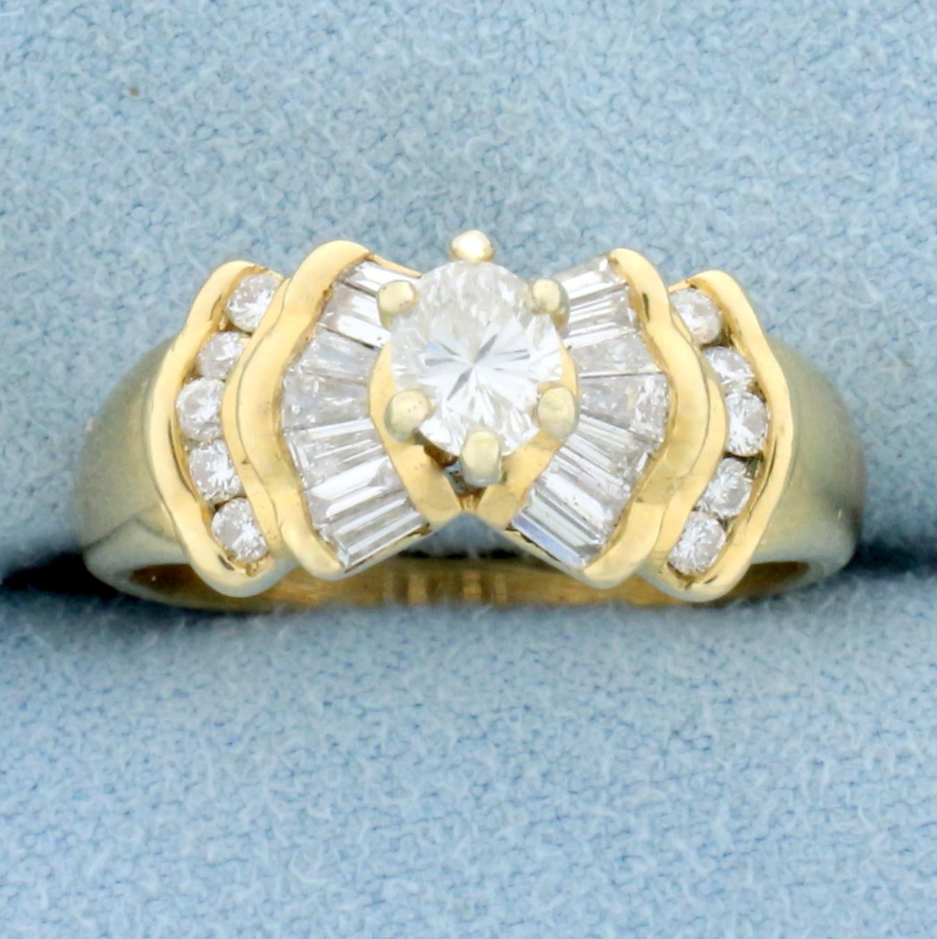 Oval Baguette And Round Diamond Engagement Ring In 14k Yellow Gold