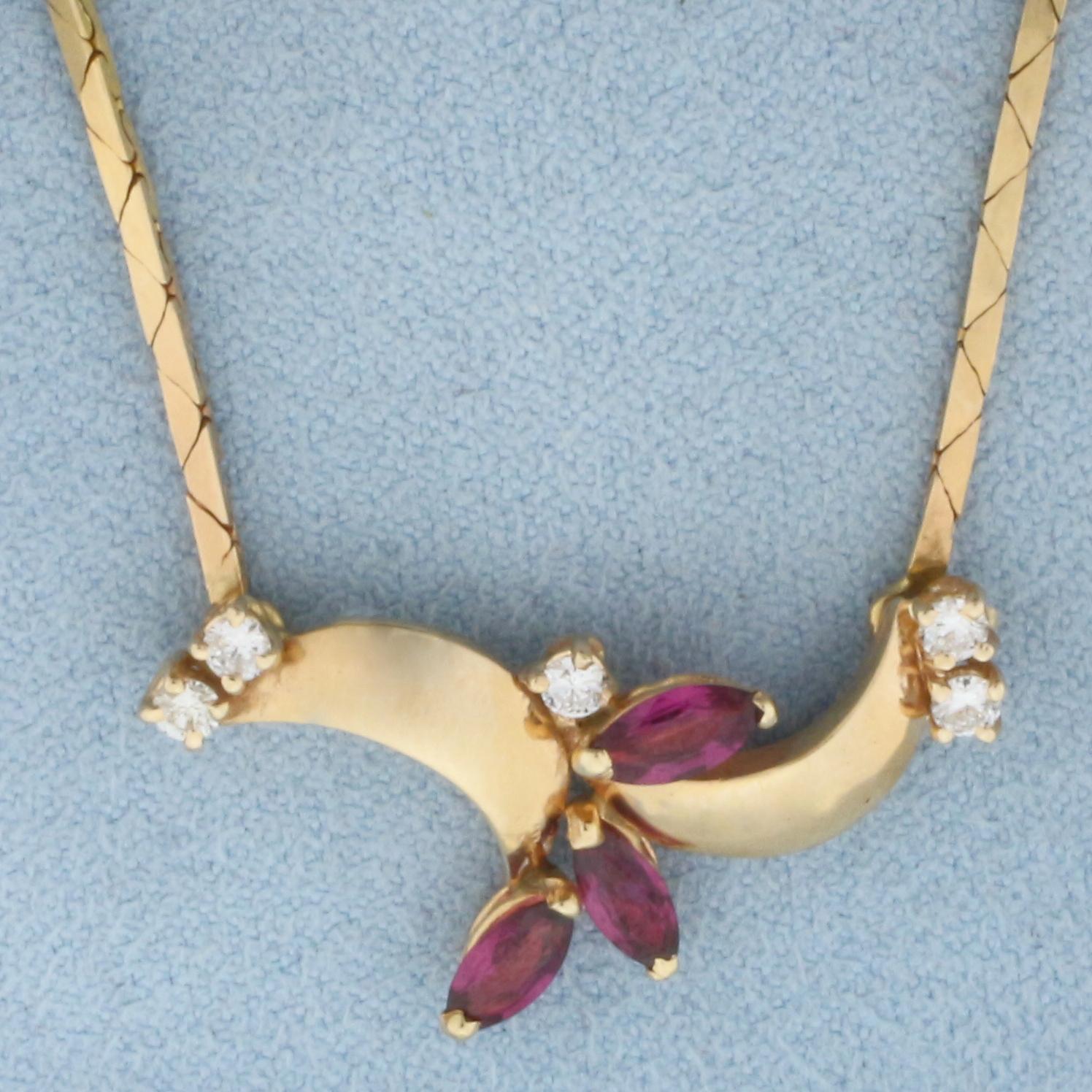 Italian Made Ruby And Diamond Necklace In 14k Yellow Gold