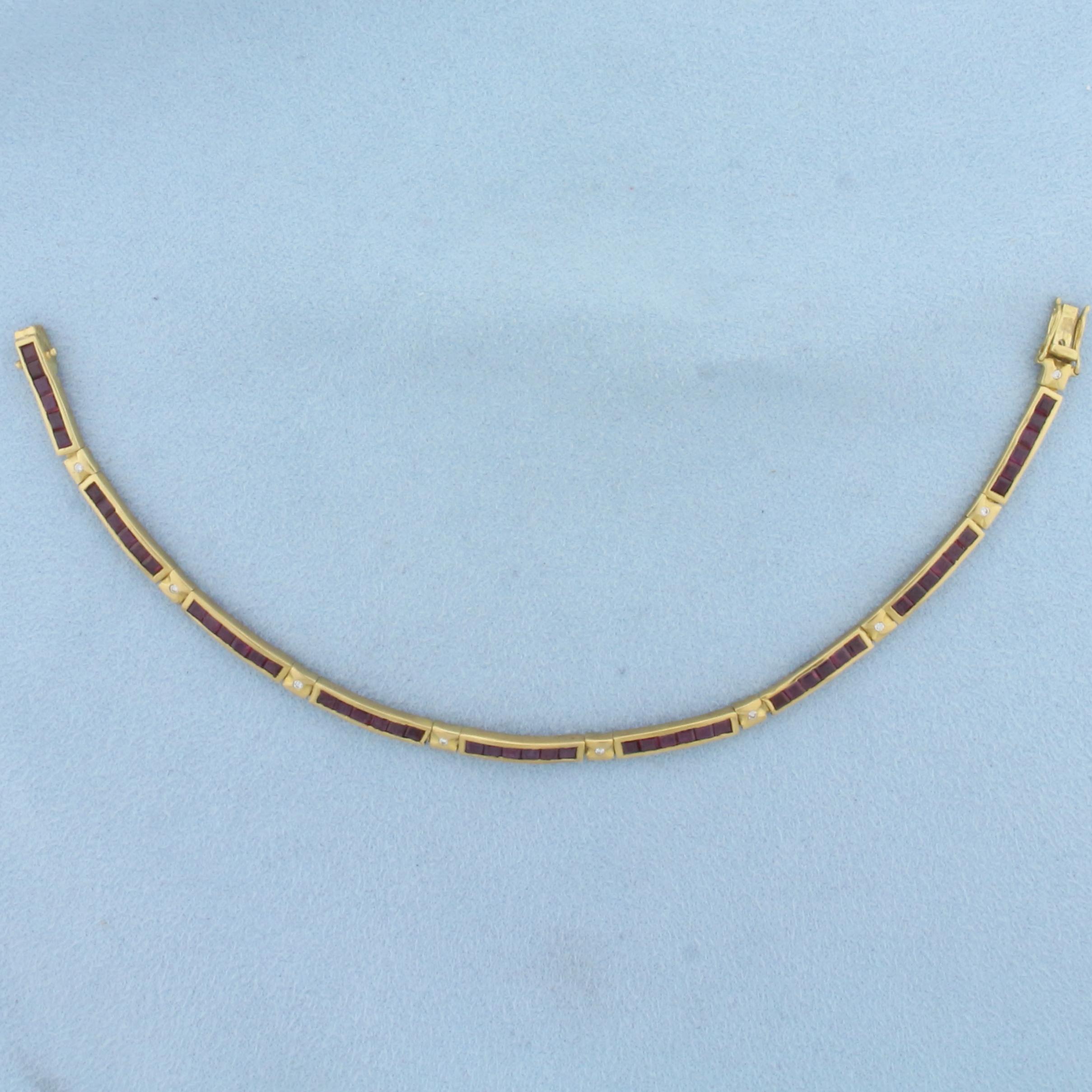 Ruby And Diamond Line Tennis Bracelet In 18k Yellow Gold