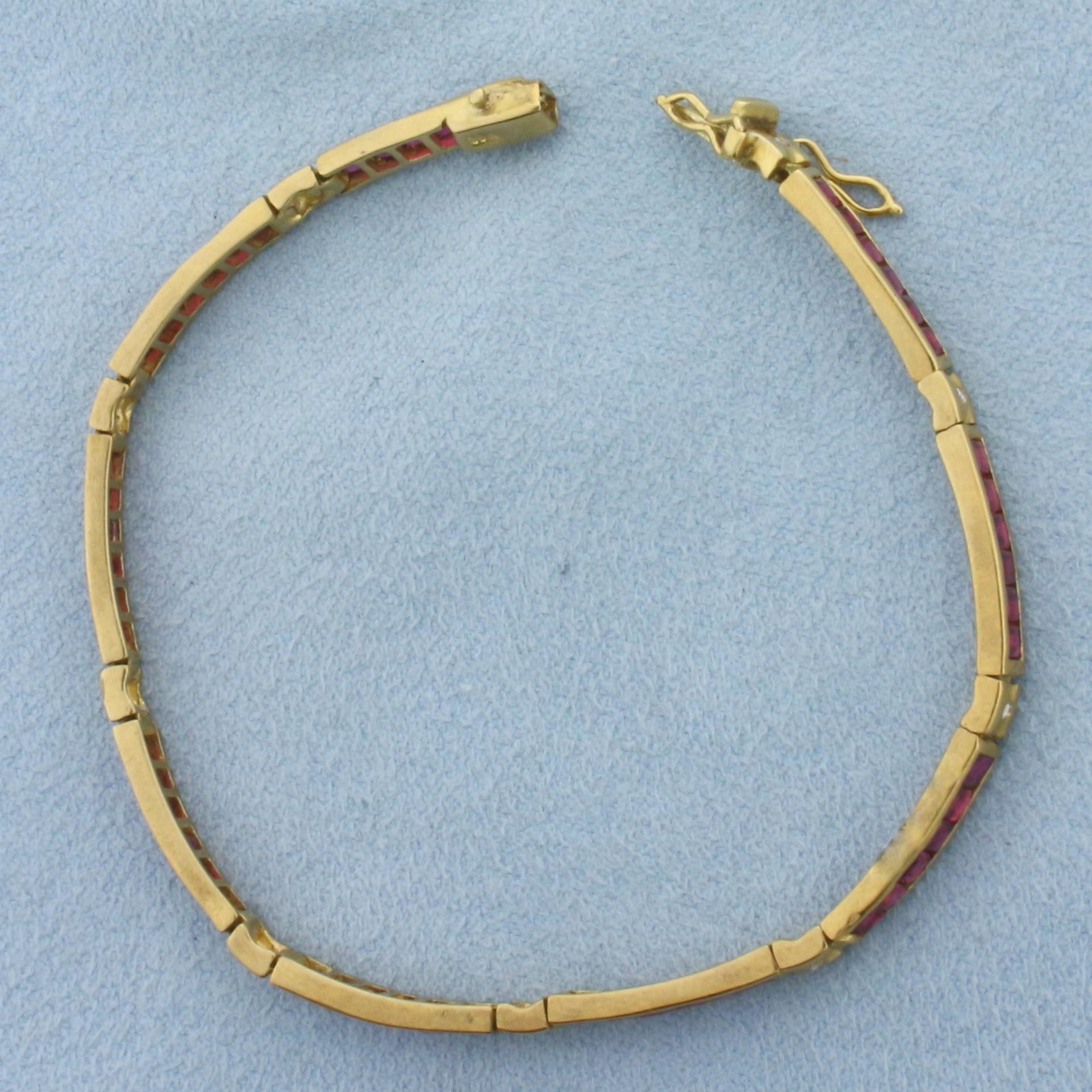 Ruby And Diamond Line Tennis Bracelet In 18k Yellow Gold