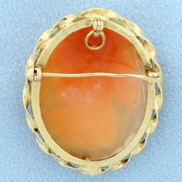 Vintage Hand Cared Shell Cameo Pin Or Pendant In 14k Yellow Gold