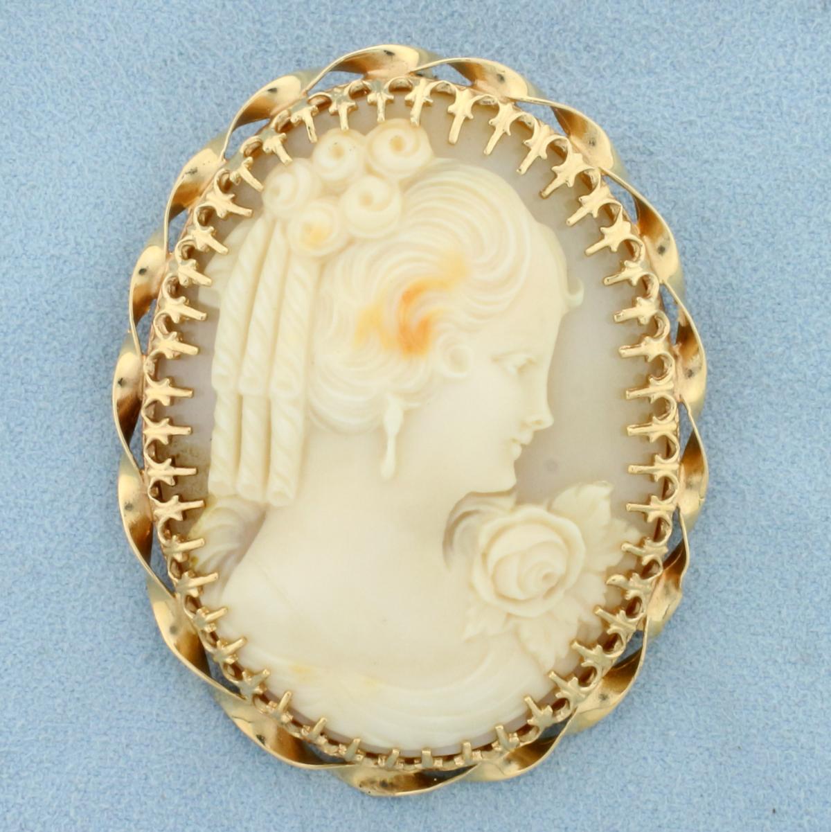 Large Vintage Hand Carved Shell Cameo Pin Or Pendant In 14k Yellow Gold