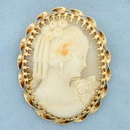Large Vintage Hand Carved Shell Cameo Pin Or Pendant In 14k Yellow Gold