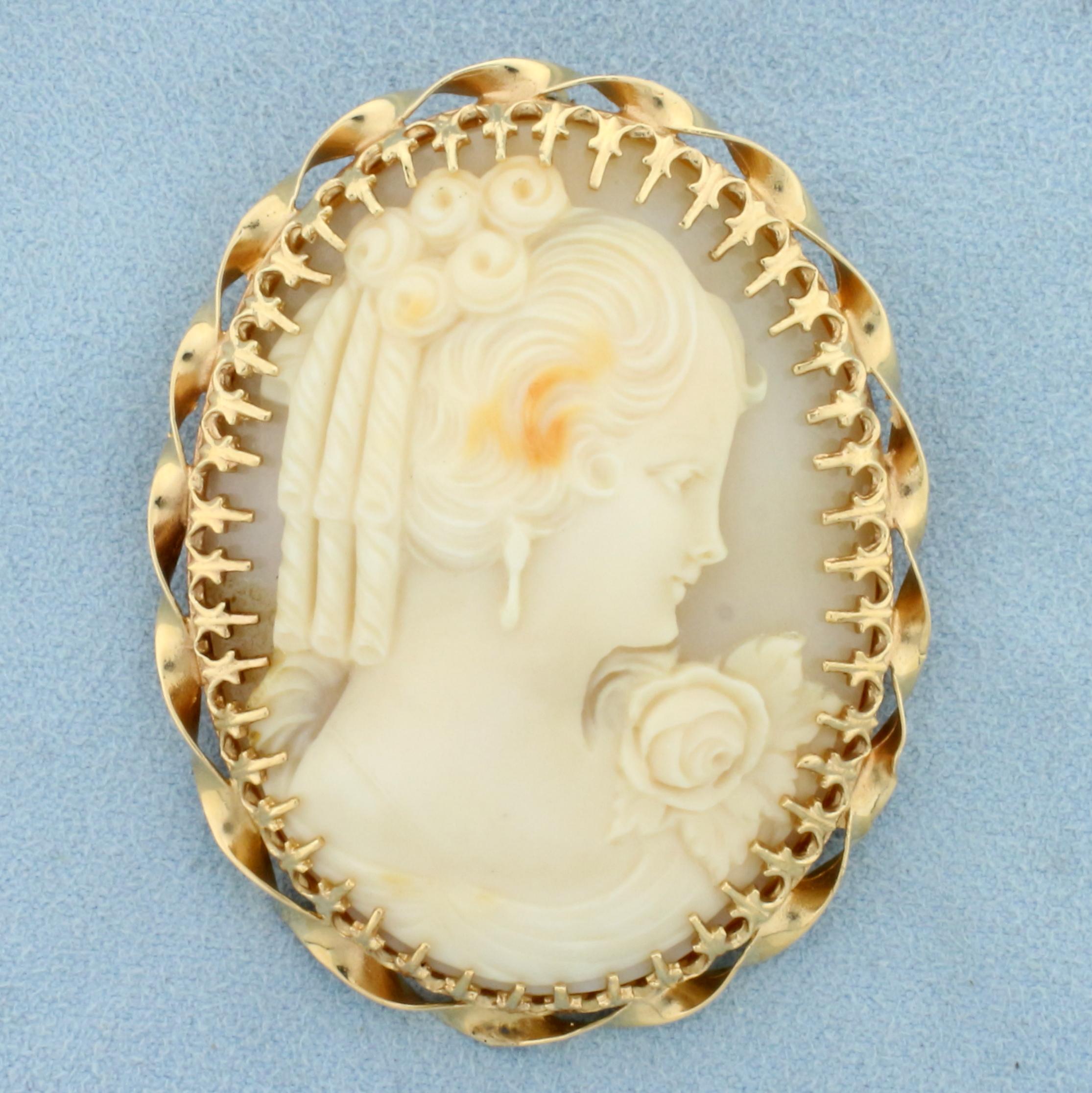 Large Vintage Hand Carved Shell Cameo Pin Or Pendant In 14k Yellow Gold
