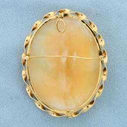 Large Vintage Hand Carved Shell Cameo Pin Or Pendant In 14k Yellow Gold