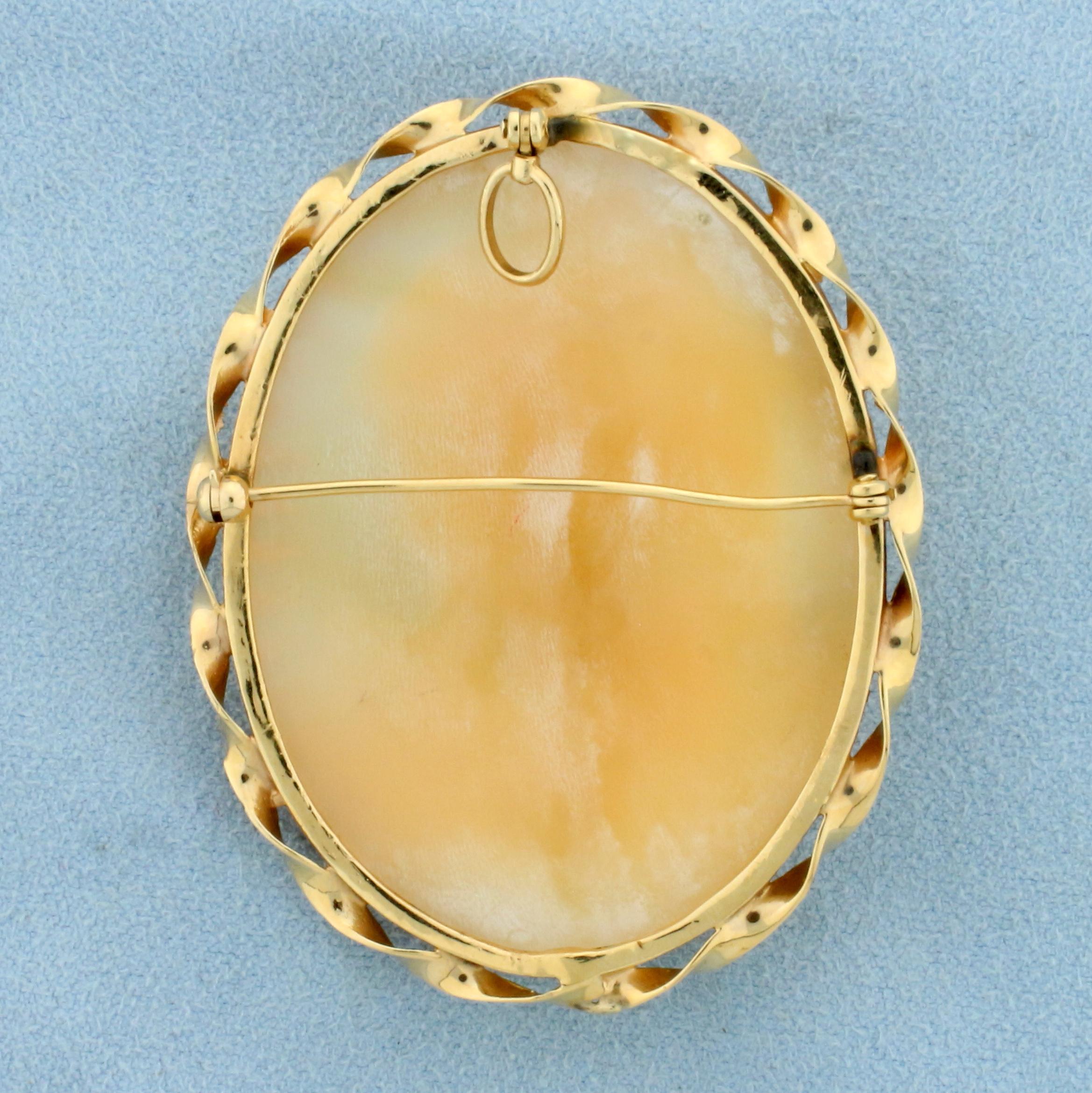 Large Vintage Hand Carved Shell Cameo Pin Or Pendant In 14k Yellow Gold