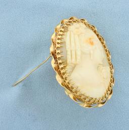 Large Vintage Hand Carved Shell Cameo Pin Or Pendant In 14k Yellow Gold