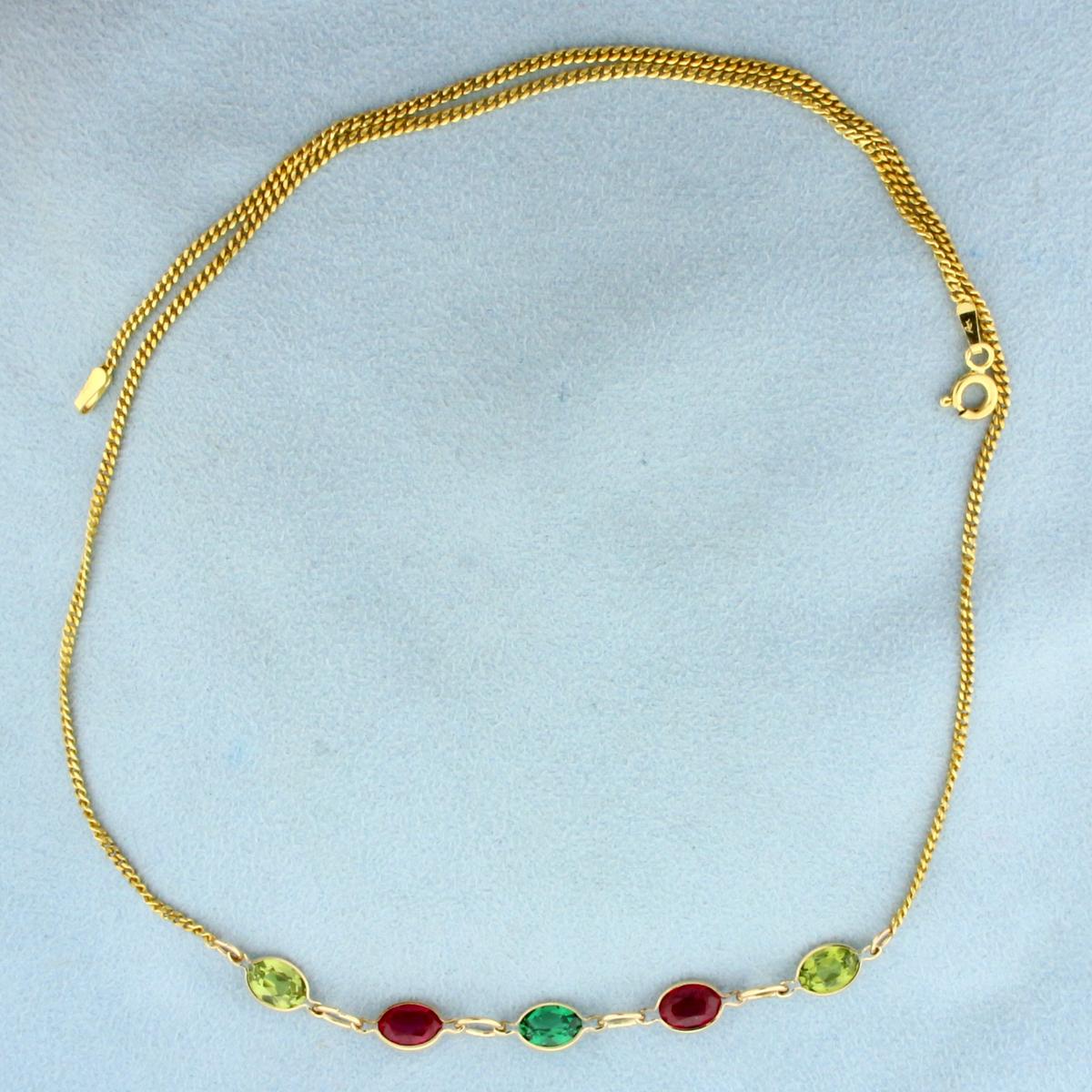 Emerald, Ruby, And Peridot Necklace In 14k Yellow Gold