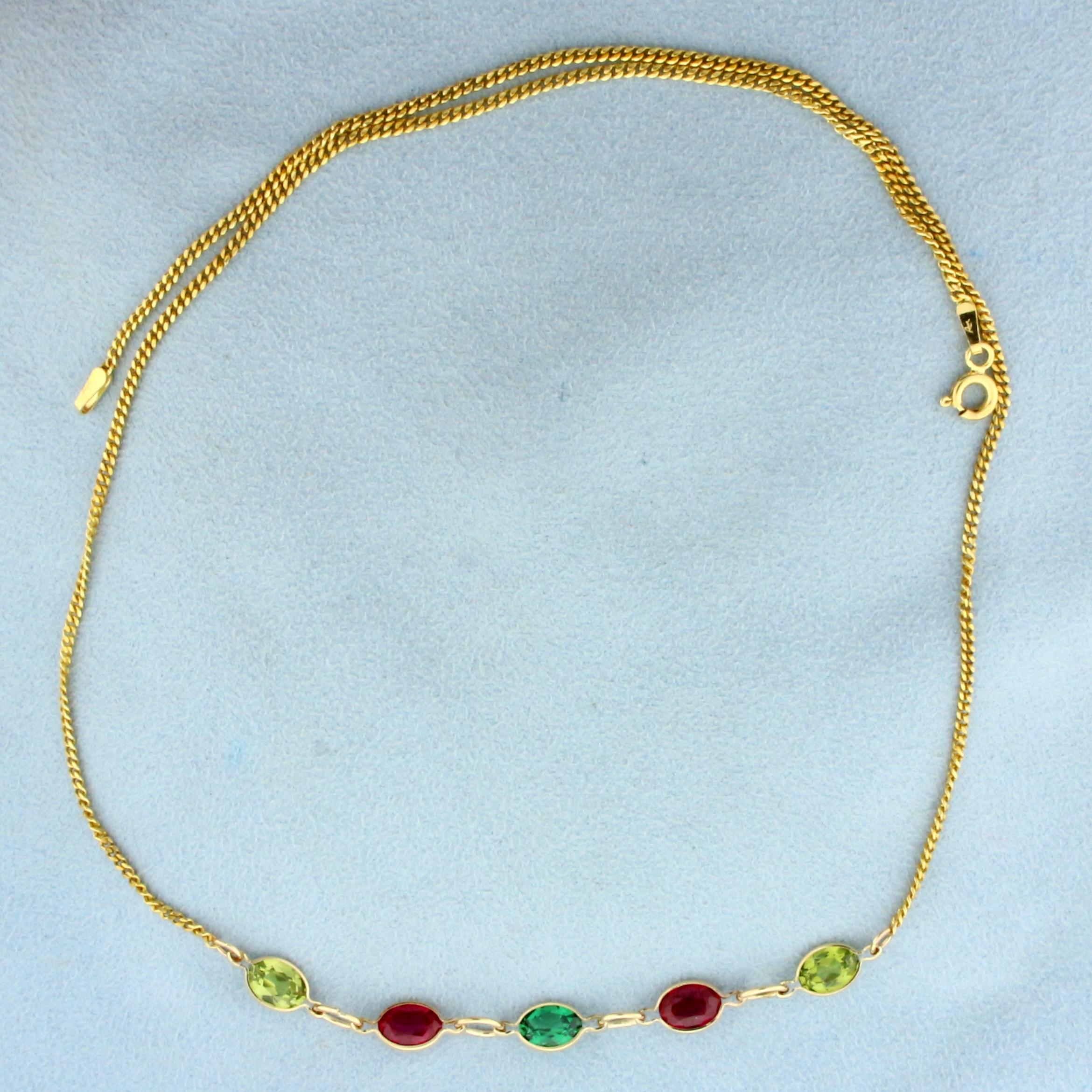 Emerald, Ruby, And Peridot Necklace In 14k Yellow Gold