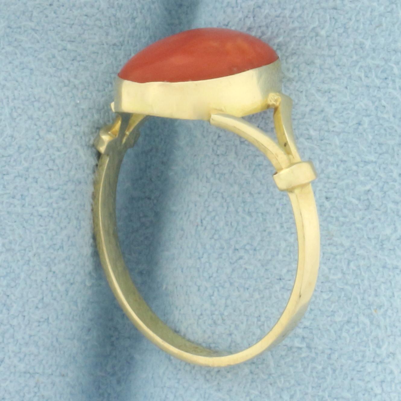 Bezel Set Red Coral Solitaire Ring In 18k Yellow Gold