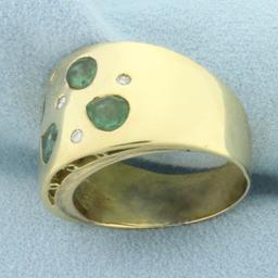 Tsavorite And Diamond Wide Band Ring In 18k Yellow Gold