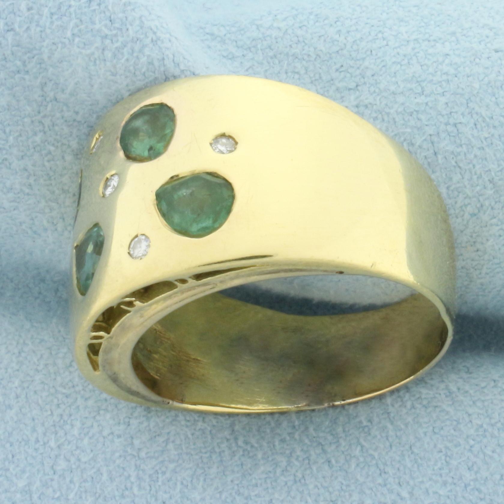 Tsavorite And Diamond Wide Band Ring In 18k Yellow Gold
