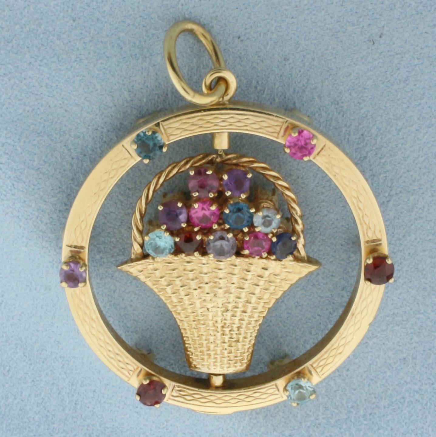 Large Rotating Pearl And Gemstone Flower Bouquet Pendant In 14k Yellow Gold