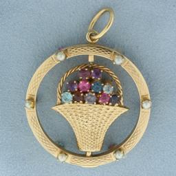 Large Rotating Pearl And Gemstone Flower Bouquet Pendant In 14k Yellow Gold
