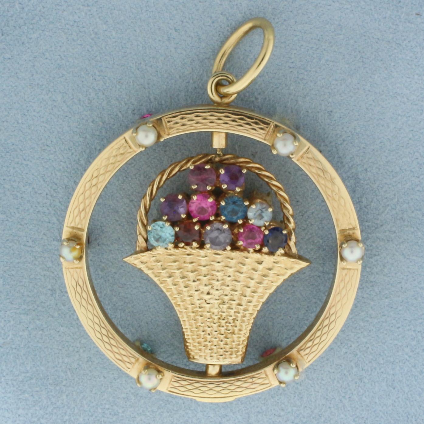 Large Rotating Pearl And Gemstone Flower Bouquet Pendant In 14k Yellow Gold