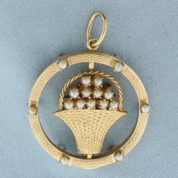 Large Rotating Pearl And Gemstone Flower Bouquet Pendant In 14k Yellow Gold