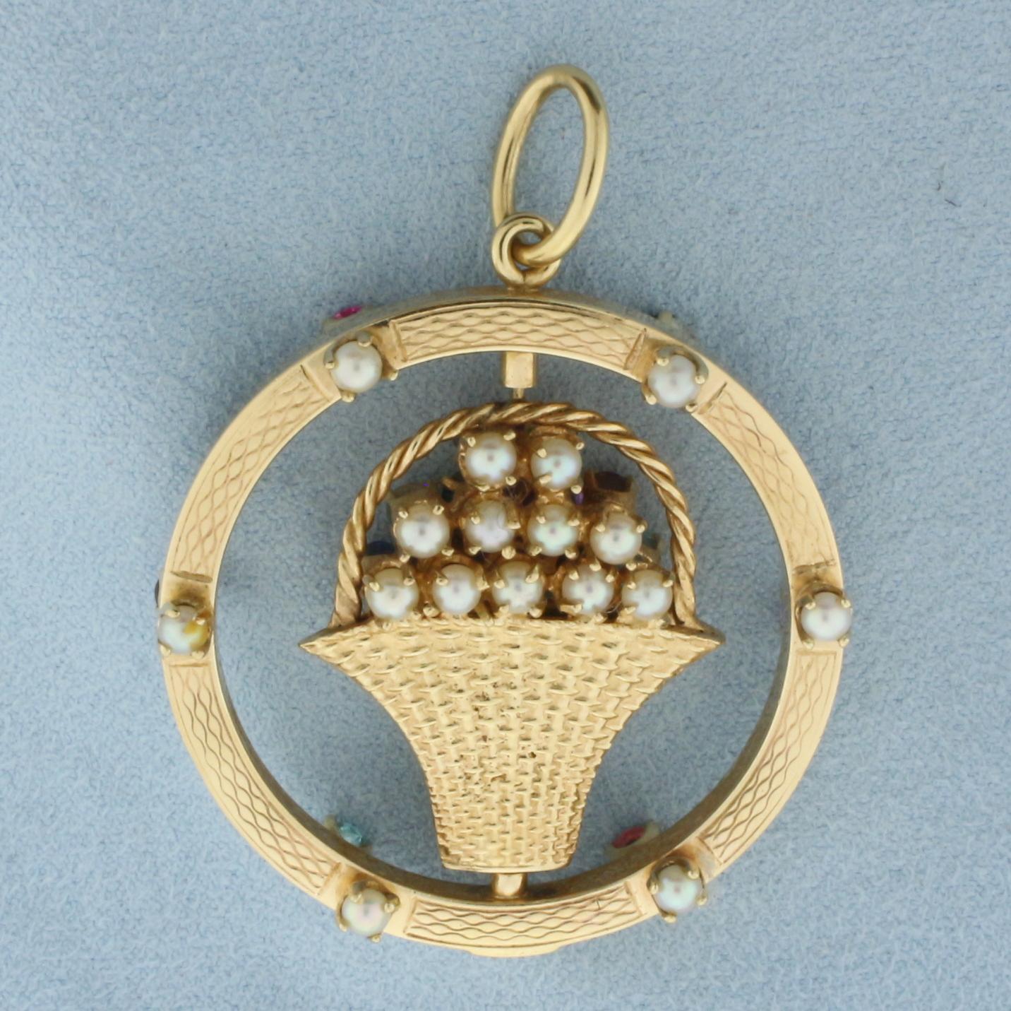 Large Rotating Pearl And Gemstone Flower Bouquet Pendant In 14k Yellow Gold