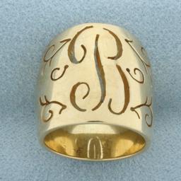 B Initial Monogram Cut Out Wide Cigar Band Ring In 14k Yellow Gold