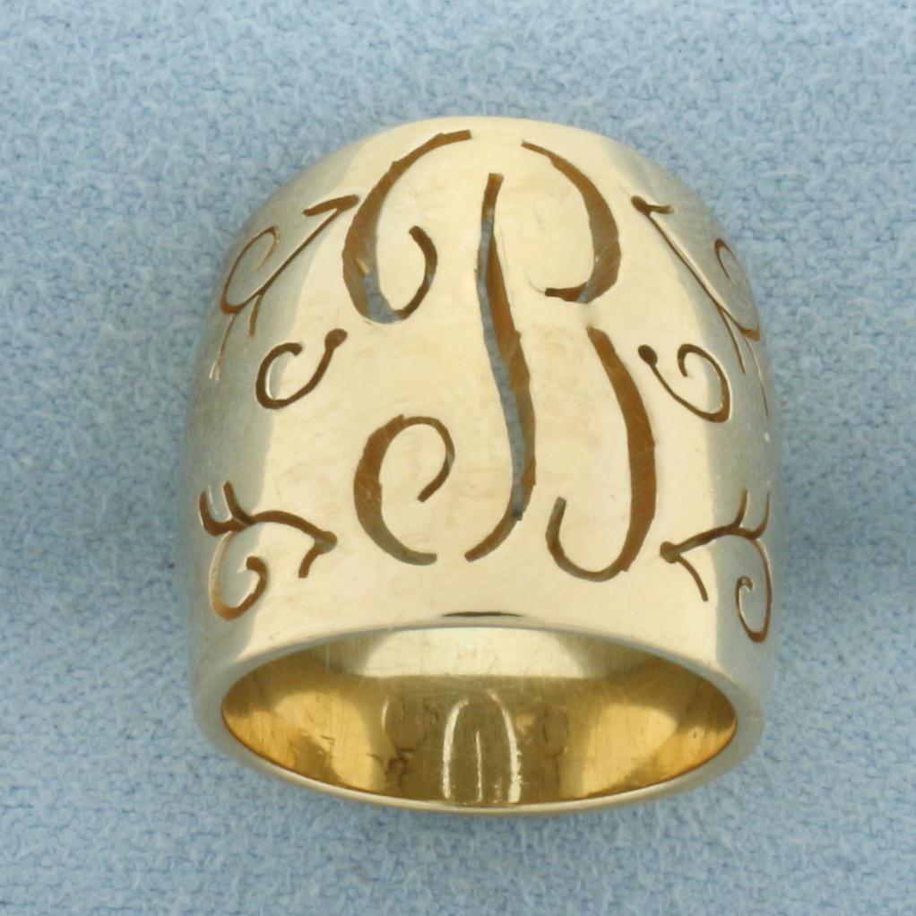 B Initial Monogram Cut Out Wide Cigar Band Ring In 14k Yellow Gold